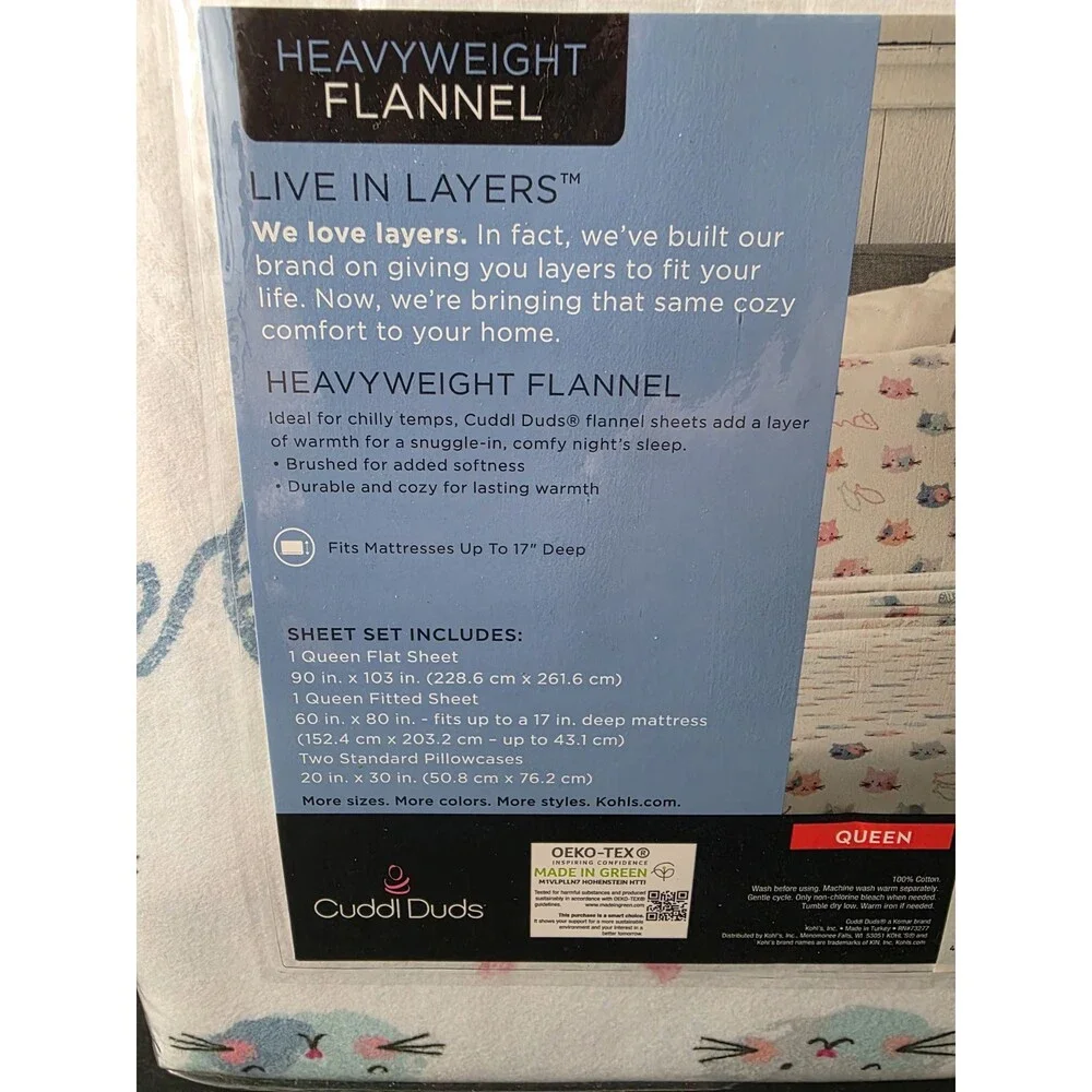 Cuddl Duds Heavy Weight FLANNEL Sheet Set - Sweet KITTY CATS - QUEEN❤️NEW❤️
